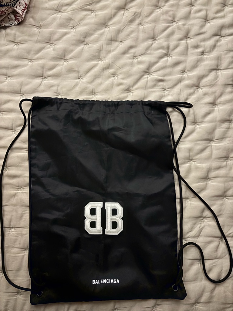 Balenciaga Black Drawstring Backpack With White Bb Patch